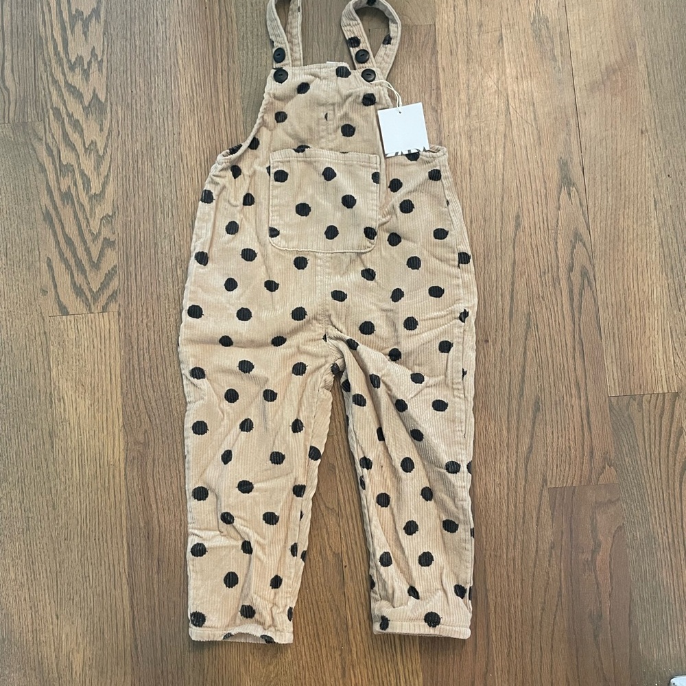 Zara Tan Corduroy Overalls with Black Dots